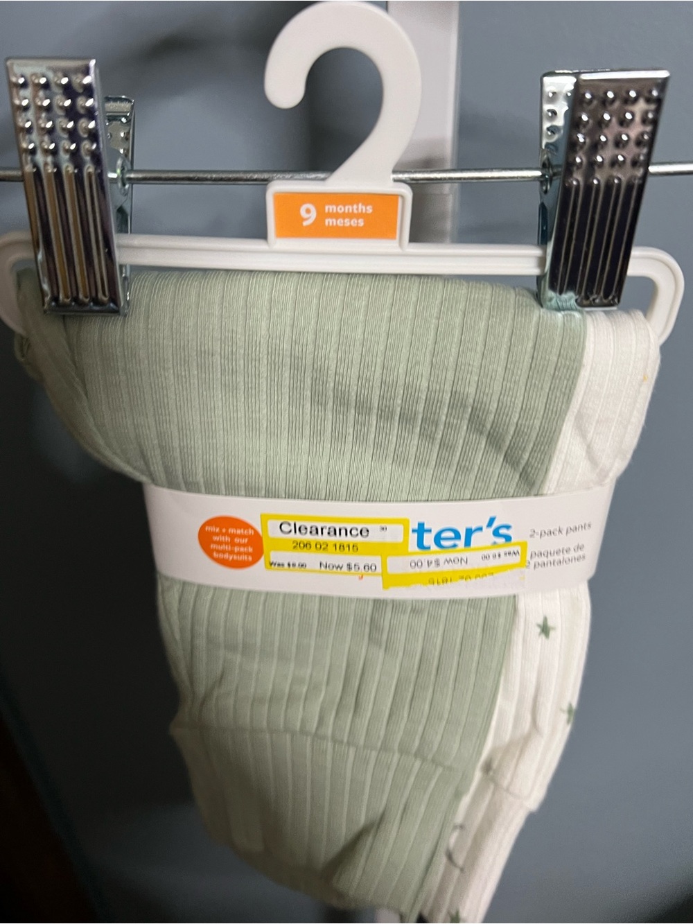 Carter's Just One You Baby Ribbed 2-Pack Pants Sage Green & White 9 months NWT